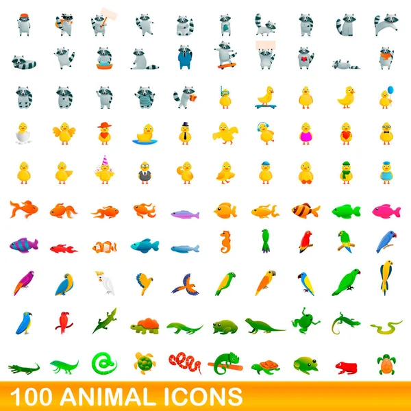 100 Animal Icons Set im Cartoon-Stil — Stockvektor