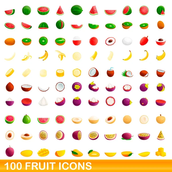 100 개의 과일 아이콘, 만화 스타일 — 스톡 벡터