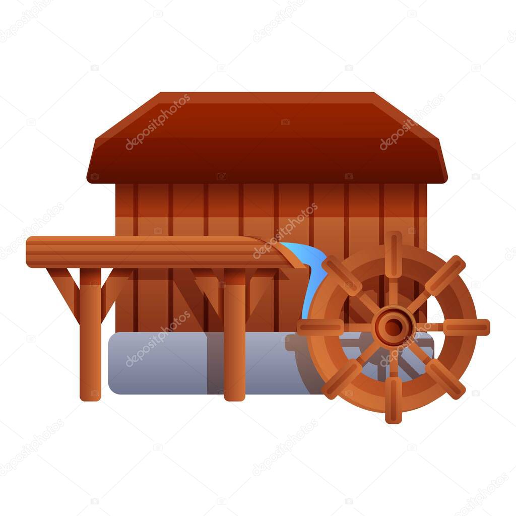 Wood water mill icon, cartoon style