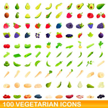 100 vegetarian icons set, cartoon style clipart
