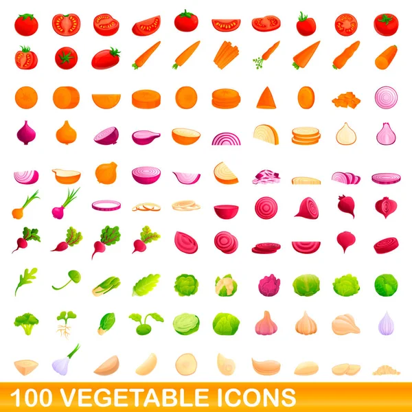 100 iconos de verduras conjunto, estilo de dibujos animados — Vector de stock