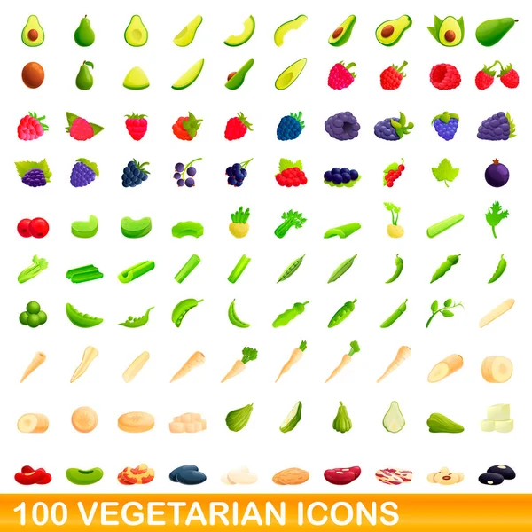 100 ikon vegetarian, gaya kartun - Stok Vektor