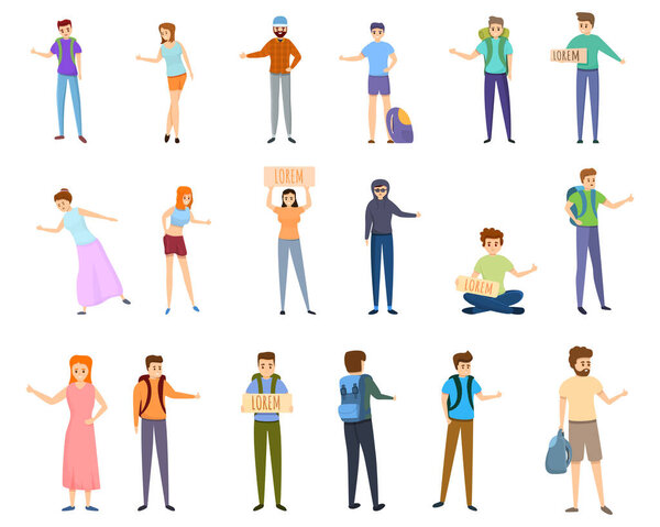 Hitchhiking icons set, cartoon style