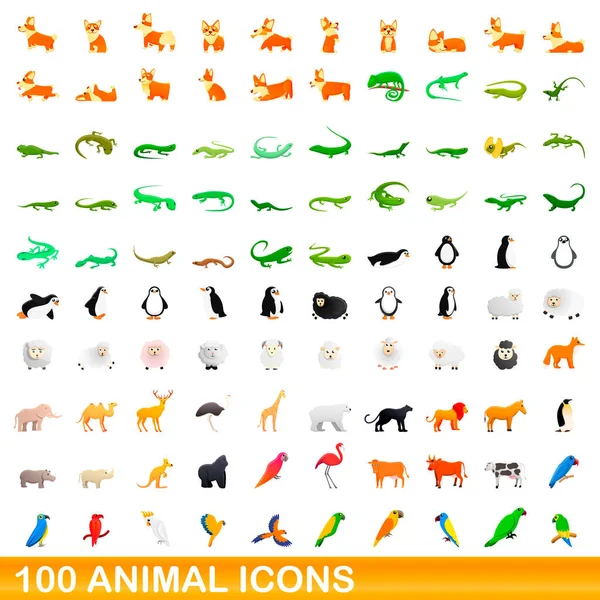 Ensemble de 100 icônes animalières, style dessin animé — Image vectorielle