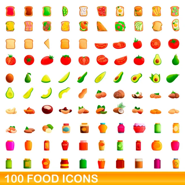 100 iconos de comida, estilo de dibujos animados — Vector de stock