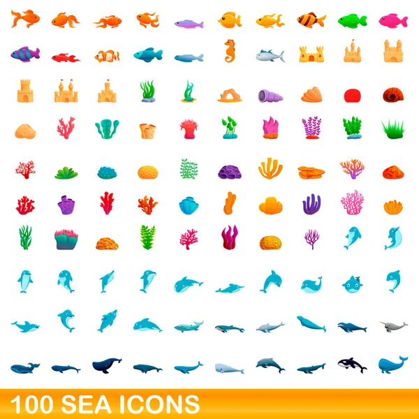 Conjunto de 100 ícones do mar, estilo cartoon — Vetor de Stock