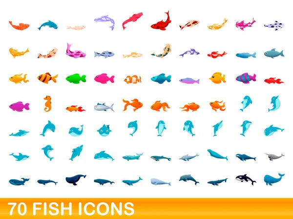70 rybích ikon, kreslený styl — Stockový vektor