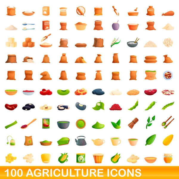 100 mezőgazdasági ikonok készlet, rajzfilm stílus — Stock Vector