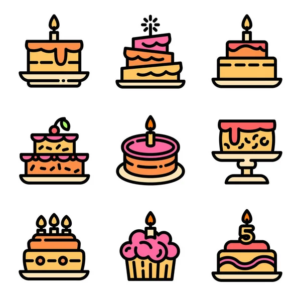 Conjunto de iconos de cumpleaños de pastel, estilo de esquema — Vector de stock