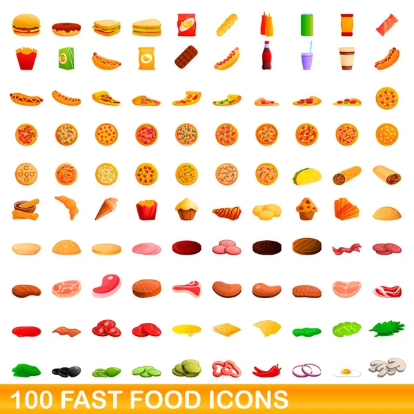 100 conjunto de ícones de fast food, estilo cartoon — Vetor de Stock