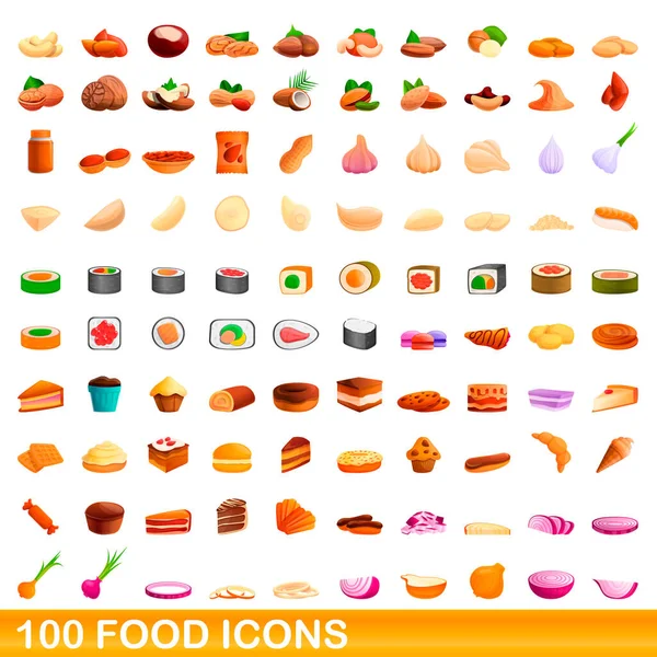 100 voedsel pictogrammen set, cartoon stijl — Stockvector
