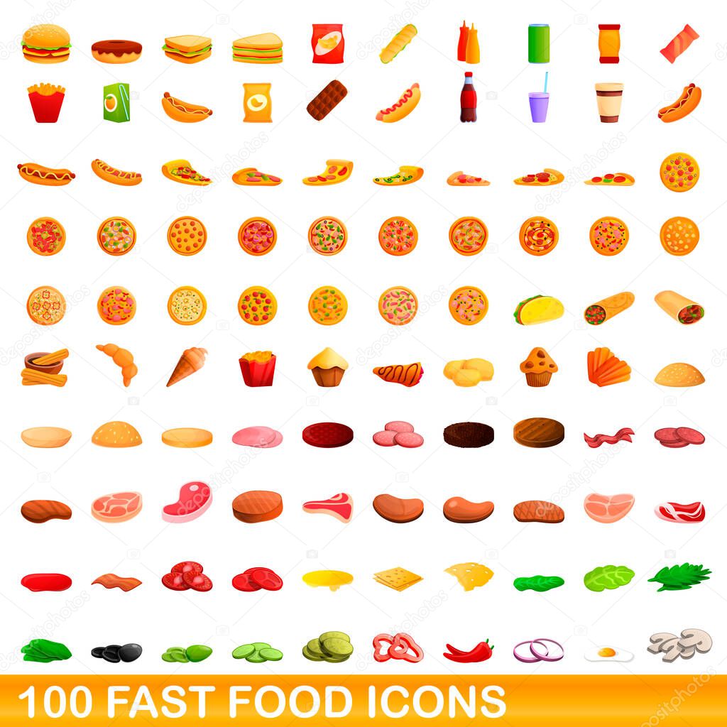 100 fast food icons set, cartoon style