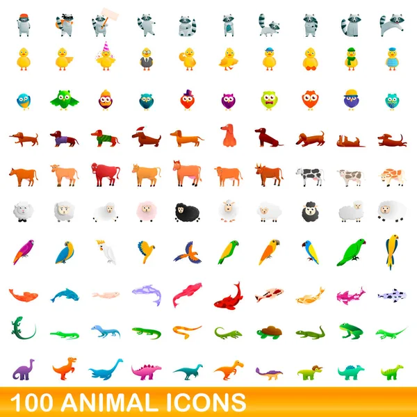 100 Animal Icons Set im Cartoon-Stil — Stockvektor