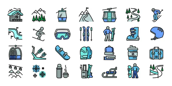 Conjunto de iconos de la estación de esquí, estilo de esquema — Vector de stock