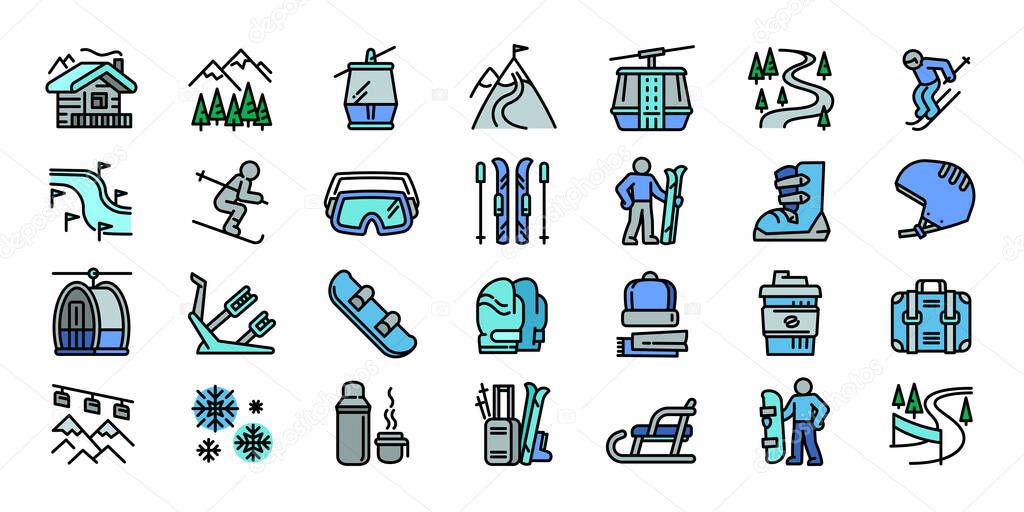 Ski resort icons set, outline style