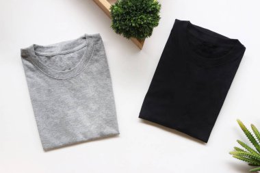 siyah, gri, beyaz t-shirt ile tahta kutu ve kaktüs. rustik arka plan