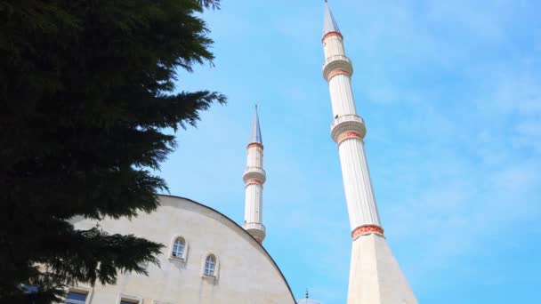 Two white minarets on background of blue sky. Dome of roof of mosque. — Stock Video
