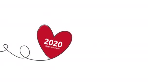 Happy New Year 2020 with Heart shaped balloon in continuous drawing lines and glitch red heart in a flat style in continuous drawing lines. Continuous black line. The work of flat design. Symbol of — Stock Video