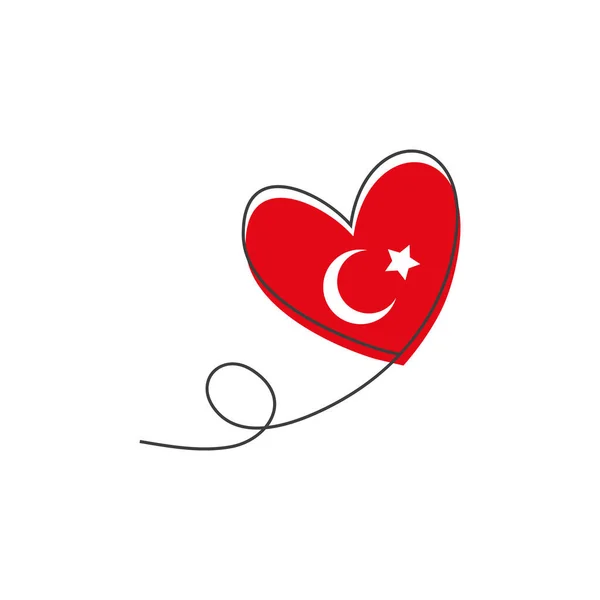 심장은 계속 그려진 선에서 풍선 모양을 하고 계속 그려진 선 과 터키 국기에서 평평 한 모양으로 붉은 하트를 만들었다. 검은 선 이 계속 됩니다. 편평 한 디자인의 작업. 사랑의 상징 과 — 스톡 벡터