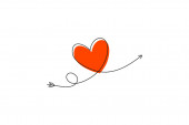 Amorův šíp v souvislém kreslení čar v podobě srdce a textové lásky v plochém stylu. Nepřetržitá černá čára. Pracujte plochým designem. Symbol lásky a něhy.