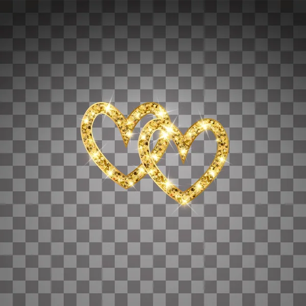 Gold glitter vector two hearts. Golden sparcle St. Valentines day card. Luxouy design element. Amber particles on transparent background. — 스톡 벡터