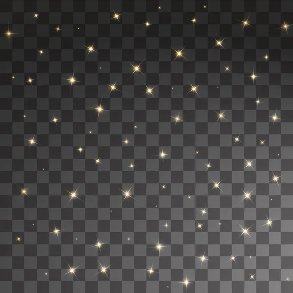 El polvo es chispas amarillas y las estrellas doradas brillan con una luz especial. El vector brilla sobre un fondo transparente. Efecto de luz de Navidad. Partículas de polvo mágico chispeantes . — Vector de stock