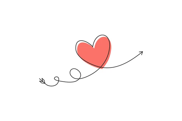 Amorův šíp v souvislém kreslení čar v podobě srdce a textové lásky v plochém stylu. Nepřetržitá černá čára. Pracujte plochým designem. Symbol lásky a něhy. — Stockový vektor