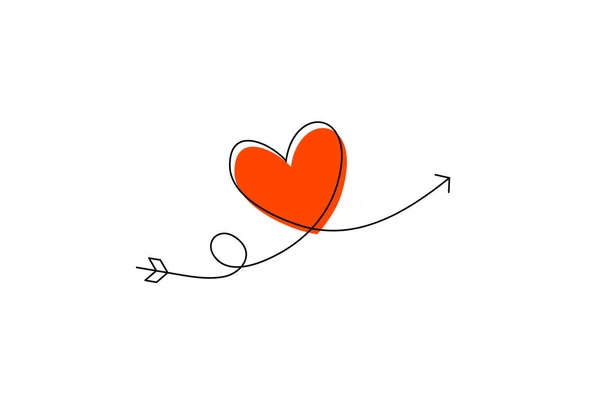 Cupid s pil i den kontinuerliga ritningen av linjer i form av ett hjärta och texten kärlek i en platt stil. Kontinuerlig svart linje. Arbete platt design. Symbol för kärlek och ömhet. — Stock vektor