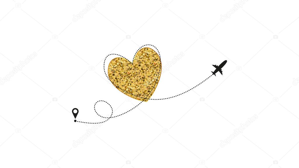 Love airplane route. Golden Heart dashed line trace and plane routes isolated on white background. Romantic wedding travel, Honeymoon trip. Hearted plane path drawing. Vector illustration