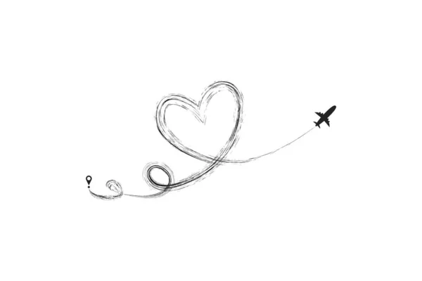 Avion et sa piste en forme de coeur sur fond blanc. Illustration vectorielle. Trajectoire de vol de l'aéronef et route — Image vectorielle