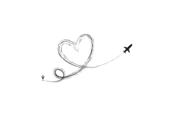 飞机和它的轨道在心脏的形状在白色背景。向量例证。飞机飞行路径及其路线 — 图库矢量图片