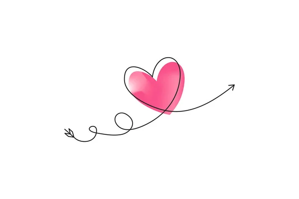 パステルネオンカラーのデザインの心の形でラインの連続的な図面でキューピッド矢印。連続ブラックライン。平面的なデザイン。愛と優しさの象徴. — ストックベクタ