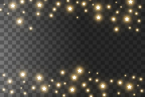 Η σκόνη σπινθήρες και χρυσά αστέρια λάμπουν με ειδικό φως. Ο διάνυσμα λάμπει σε διάφανο φόντο. Χριστουγεννιάτικο φως. Λαμπερά μαγικά σωματίδια σκόνης. — Διανυσματικό Αρχείο