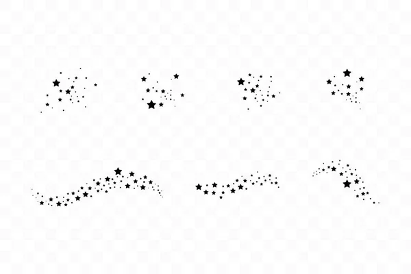 Conjunto de estrellas negras cayendo. Nube de estrellas negras aisladas sobre fondo transparente. Ilustración vectorial. Meteoroide, cometa, asteroide, estrellas — Vector de stock