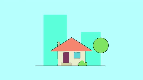 Concept of construction flat style house, isolated on blue background. Beautiful large building appearing on the background. New home, moving, real estate and relocation concept. Flat cartoon — Stock Video