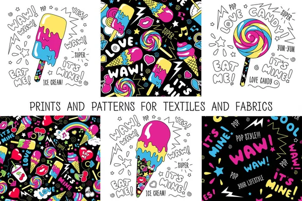 Elbise ve kumaş için ana hatlar ve desenler. Dondurma ve şeker. Kıyafetler için modern tarzda moda çizimi. Çocuk kıyafetleri, tekstil, kumaş ya da ambalaj için çizim.