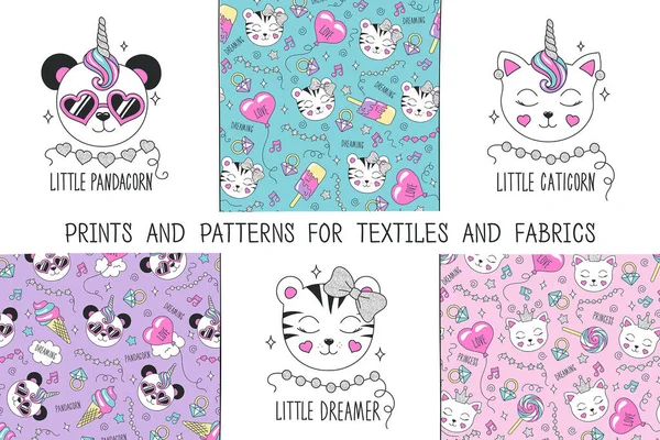 Giysi ve kumaş için parmak izleri ve desenler. Çocuk kıyafetleri için tasarım. Modern tarzda moda illüstrasyon çizimi. Hoş bir illüstrasyon. Panda, kedi, kaplan yavrusu.