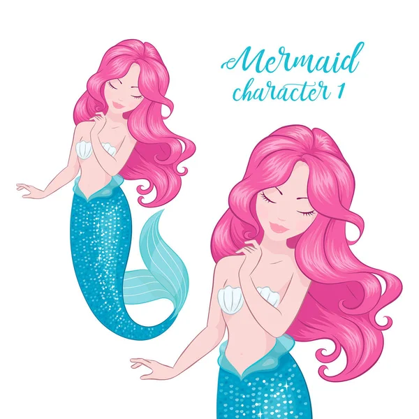 Pembe saçlı denizkızı. Tişörtler için sevimli denizkızı ya da çocuk sanat eserleri, çocuk kitapları. Modern tarzda moda illüstrasyon çizimi. Kız baskısı.