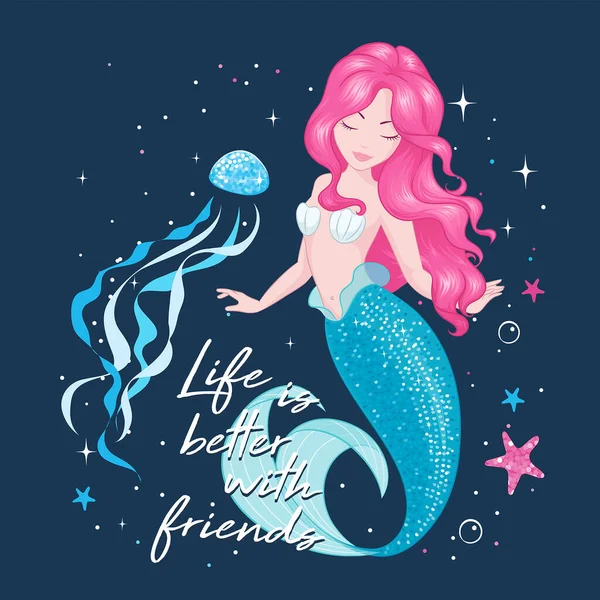 暗い背景に美しいピンクの髪の人魚 可愛いマーメイドとクラゲ モダンなスタイルで描かれたファッションイラスト — ストックベクタ
