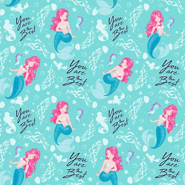 Modern tarzda moda illüstrasyon çizimi. Turkuaz arka planda güzel bir deniz kızı deseni var. Çocuk kıyafetleri tasarla.