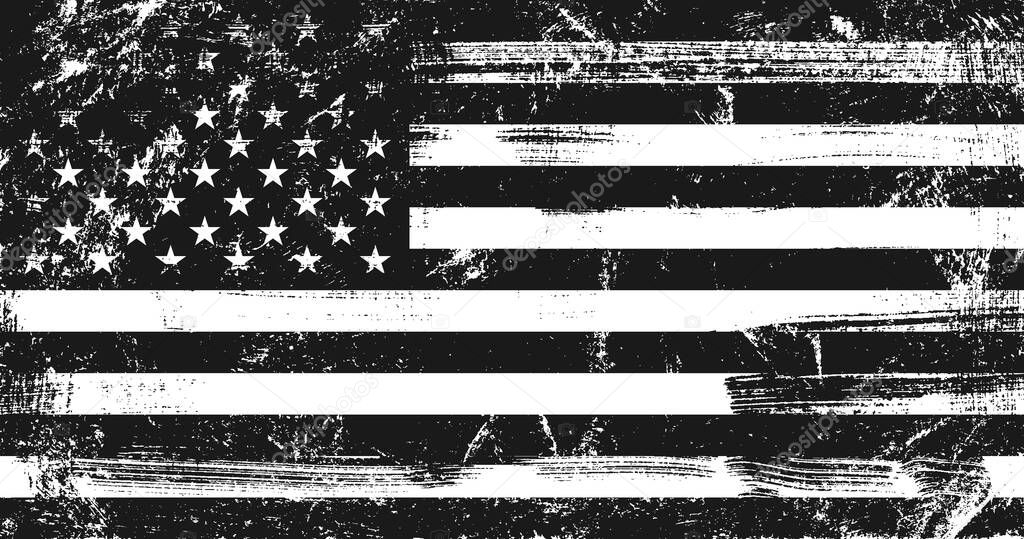 Grunge USA flag. Original proportions, black and white version.
