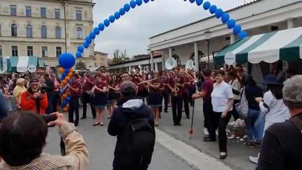Брас Бенд Ярмарку Любляні Багато Туристів Спостерігають — стокове відео