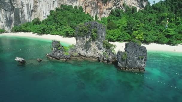 Flying Drone Next Individual Cliffs Coast People Swim Sea — Stock Video