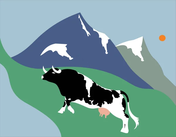 Ilustración Vectorial Color Una Vaca Descubierta Prado Cerca Las Montañas — Vector de stock