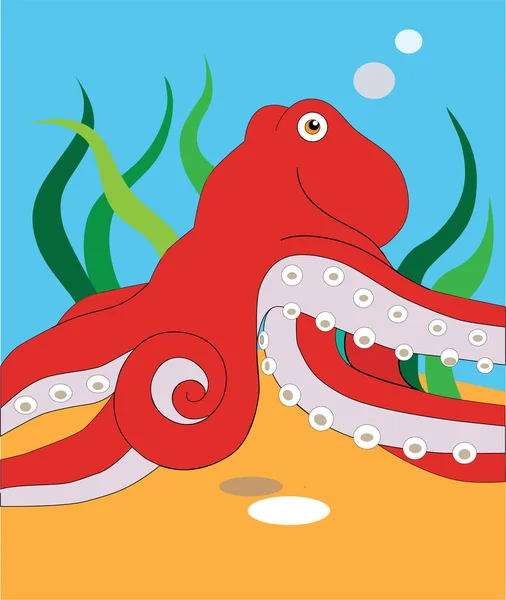 Ahtapot, ahtapot, yosun, kum, deniz ve okyanusun renk vektör çizimi