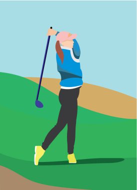  Golf oynayan bir kızın vektör çizimi, golfçü, kadın golfçü, spor konsepti