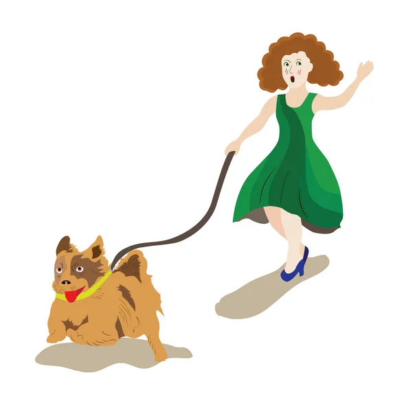 Vector Illustration Woman Walking Dog Dog Runs Leash — Stock Vector