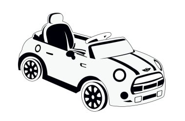 küçük bir eski arabanın, mini arabanın, otomobilin, aracın siyah ve beyaz grafik vektör çizimi