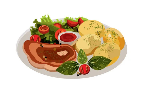  İçinde yemek, menü, biftek, ana yemek, lokanta, kâse, öğle yemeği, kafe, salata, haşlanmış patates, restoran, mutfak olan bir tabağın vektör çizimi