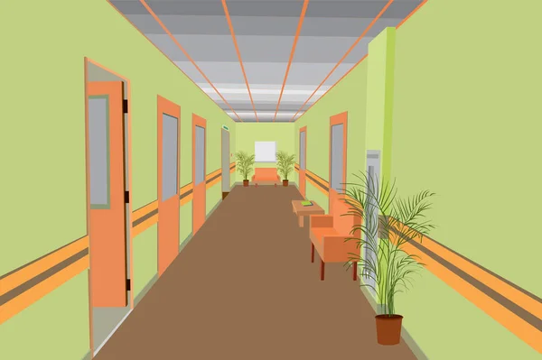 Ofis binasının, hastanenin, kliniğin, otelin, oda tasarımının, ofis koridorunun iç dizaynı.